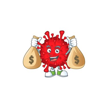 Happy rich dangerous coronaviruses mascot design carries money bags