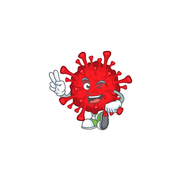 Un gioioso disegno pericoloso coronavirus mascotte mostrando le sue due dita — Vettoriale Stock
