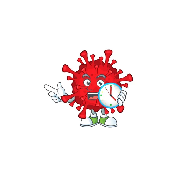 Cartoon character style of cheerful dangerous coronaviruses with clock — Stock Vector