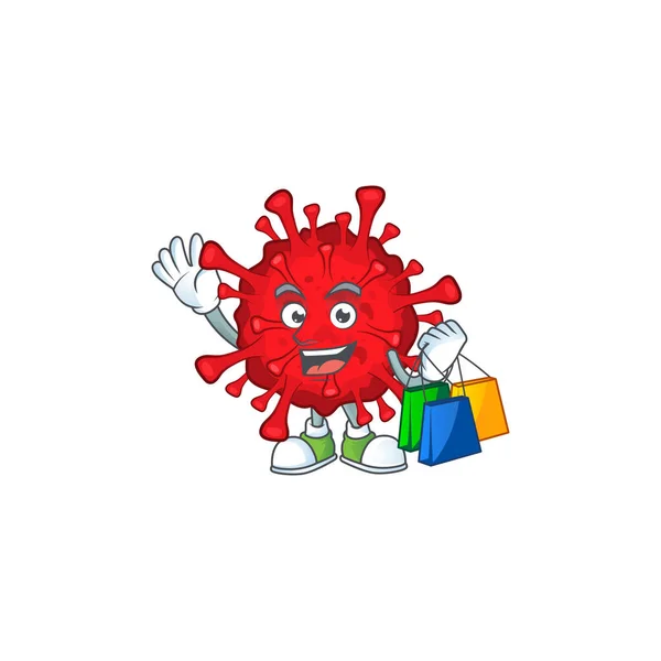 Smiley rico perigoso coronavírus mascote design com saco de compras — Vetor de Stock