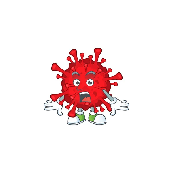 Un disegno mascotte di coronavirus pericolosi fare un gesto sorpreso — Vettoriale Stock