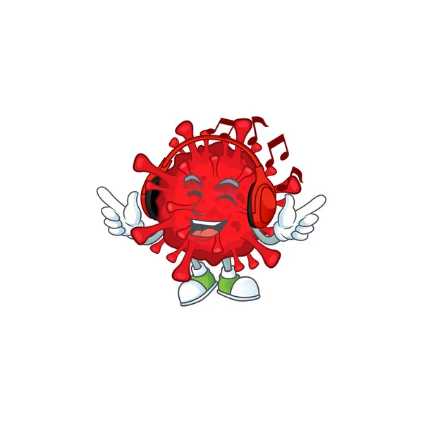 Mascotte de dessin animé design de coronavirus dangereux appréciant la musique — Image vectorielle