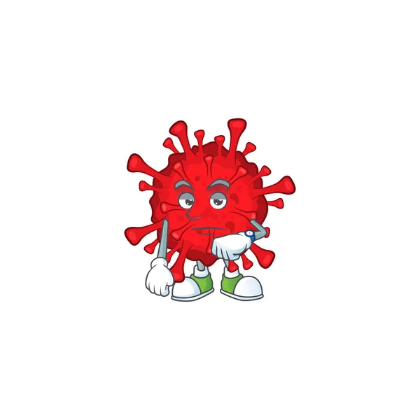 Um ícone de desenhos animados de perigosos coronavírus com gesto de espera —  Vetores de Stock