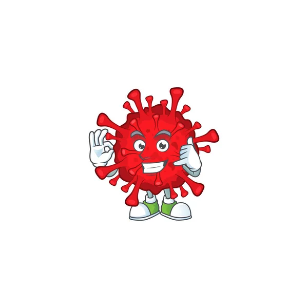 Chiamami gesto divertente pericoloso coronavirus disegno del fumetto della mascotte — Vettoriale Stock