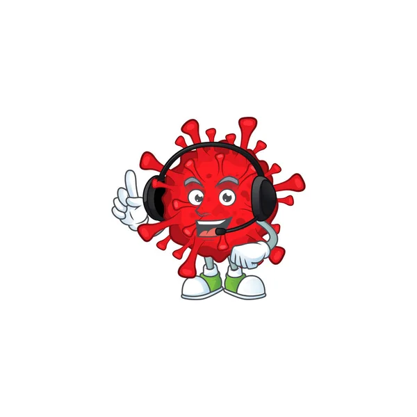Un attraente pericoloso coronavirus concetto personaggio mascotte indossando cuffie — Vettoriale Stock