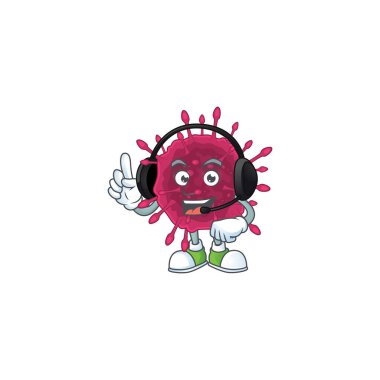 Çekici bir Covid19 maskot karakteri konsepti kulaklık takıyor.