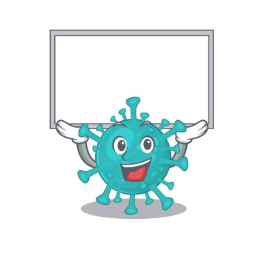 Happy cartoon character of corona zygote virus raised up board