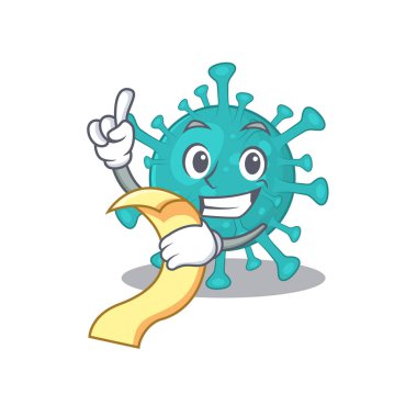 cartoon character of corona zygote virus holding menu ready to serve
