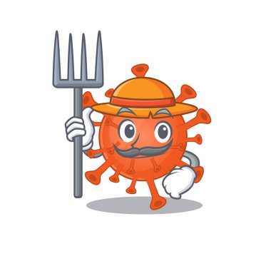 Deadly corona virus in Farmer cartoon character with hat and pitchfork