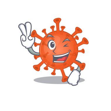 Cheerful deadly corona virus mascot design with two fingers