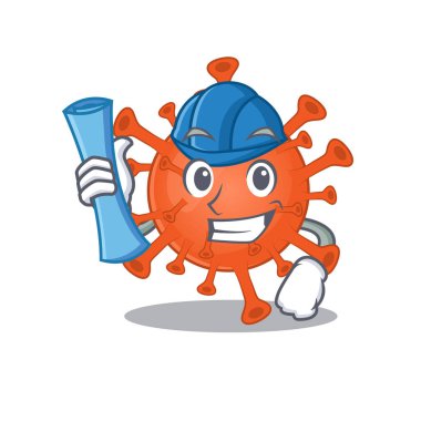 Smiling Architect of deadly corona virus having blue prints and blue helmet