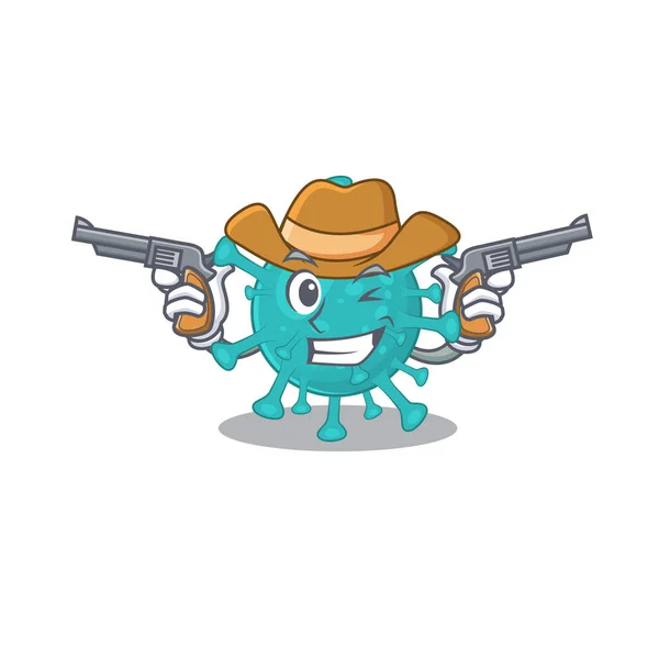 Divertido virus cigoto corona como un personaje de dibujos animados vaquero sosteniendo armas — Vector de stock