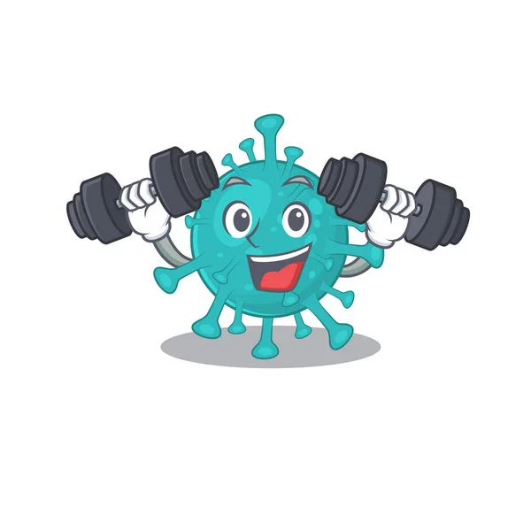 Smiley Fitness exercise corona zygote virus cartoon character raising barbells — Wektor stockowy