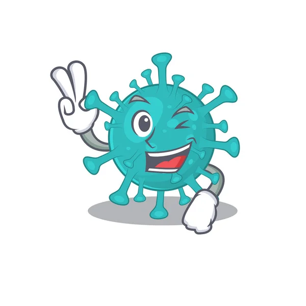 Cheerful corona zygote virus mascot design with two fingers — ストックベクタ