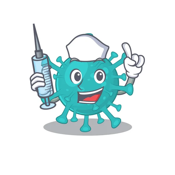 Friendly nurse of corona zygote virus mascot design holding syringe — Stock Vector