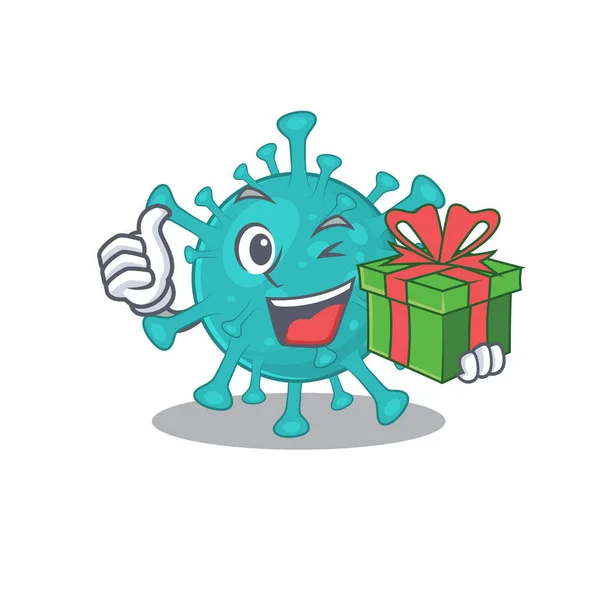 Smiley corona zygote virus cartoon character having a gift box — ストックベクタ