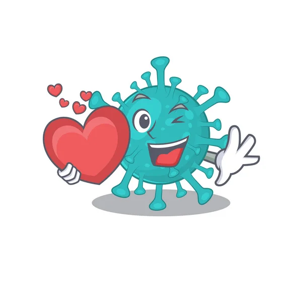 Un design romantico cartone animato del virus corona zigote che tiene il cuore — Vettoriale Stock