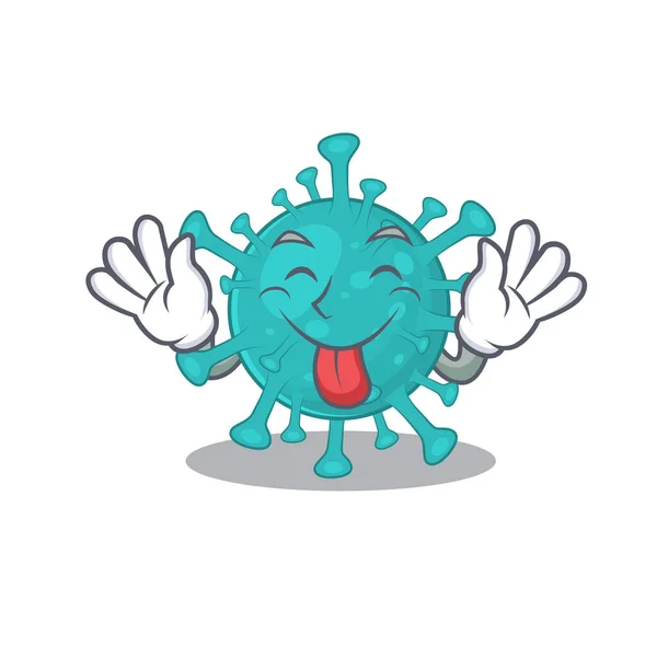 Cara divertida corona cigoto virus mascota estilo de diseño con la lengua hacia fuera — Vector de stock