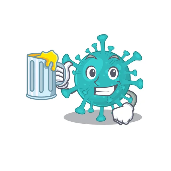 Cheerful corona zygote virus mascot design with a glass of beer — Stock Vector