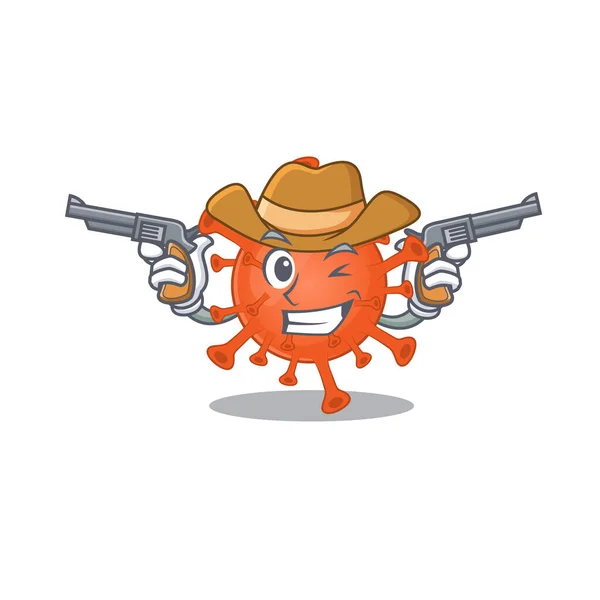 Divertido virus mortal corona como un personaje de dibujos animados vaquero sosteniendo armas — Vector de stock