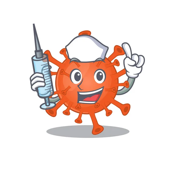 Friendly nurse of deadly corona virus mascot design holding syringe — Wektor stockowy