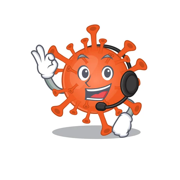 Charming deadly corona virus cartoon character design wearing headphone — ストックベクタ