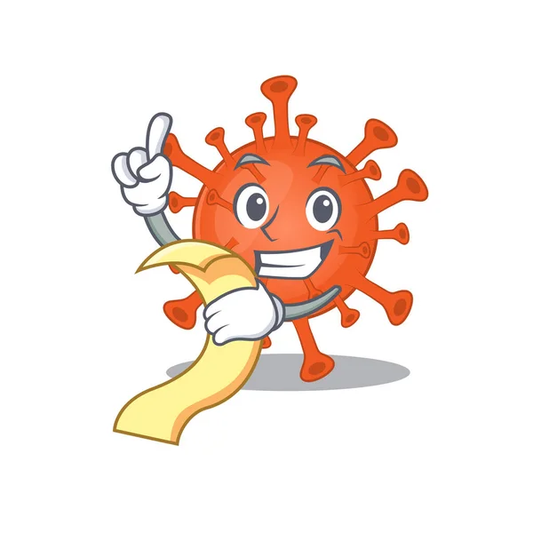 Cartoon character of deadly corona virus holding menu ready to serve — Stock vektor