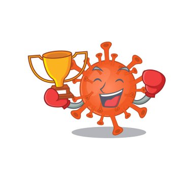 Happy face of boxing winner deadly corona virus in mascot design style