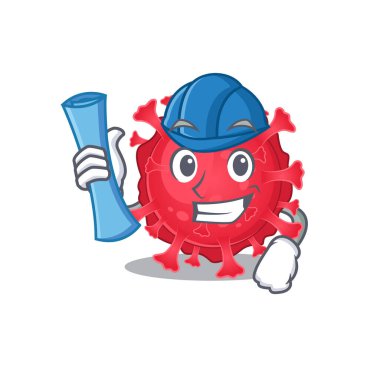Smiling Architect of coronavirus substance having blue prints and blue helmet