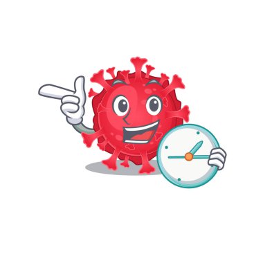 Cheerful coronavirus substance cartoon character style with clock