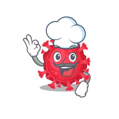 Cute coronavirus substance cartoon character wearing white chef hat