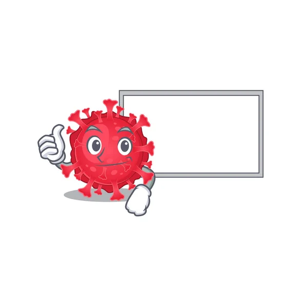 Cute coronavirus substance cartoon character Thumbs up bring a white board — Διανυσματικό Αρχείο