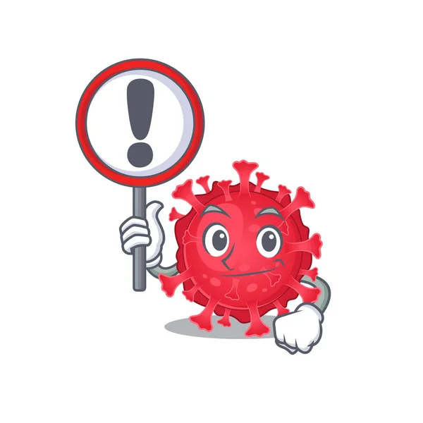 Cheerful cartoon style of coronavirus substance holding a sign — Stockvector