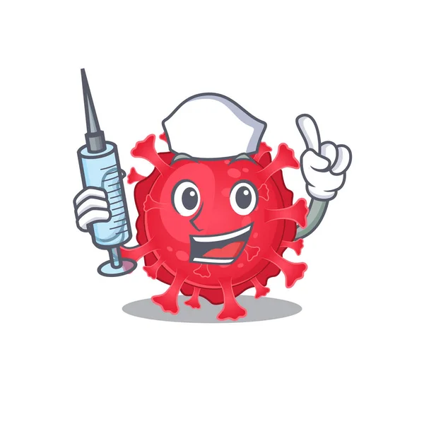 Enfermeira amigável de coronavírus substância mascote design segurando seringa —  Vetores de Stock