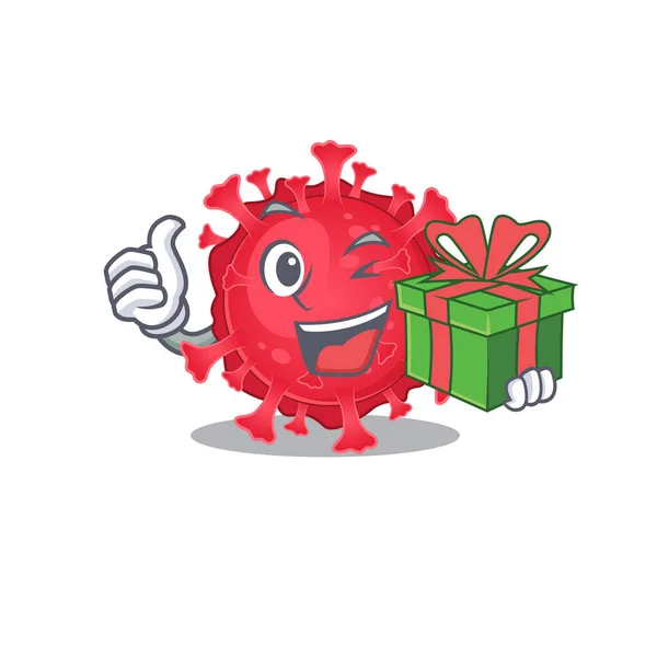 Smiley coronavirus substance personnage de dessin animé ayant une boîte-cadeau — Image vectorielle