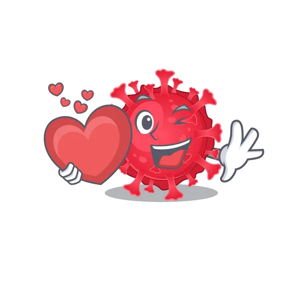 Um desenho animado romântico de coronavírus substância segurando coração —  Vetores de Stock