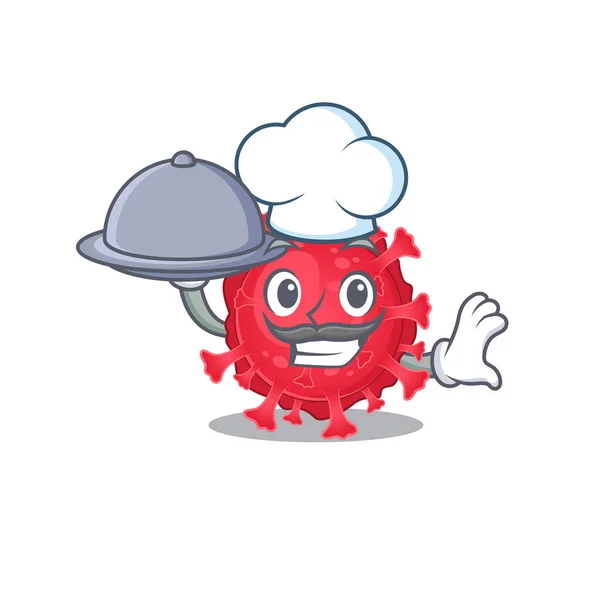 Coronavirus substance as a chef cartoon character with food on tray — 图库矢量图片