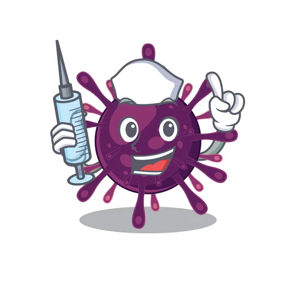 Amistosa enfermera del diseño de la mascota de insuficiencia renal coronavirus sosteniendo la jeringa — Vector de stock