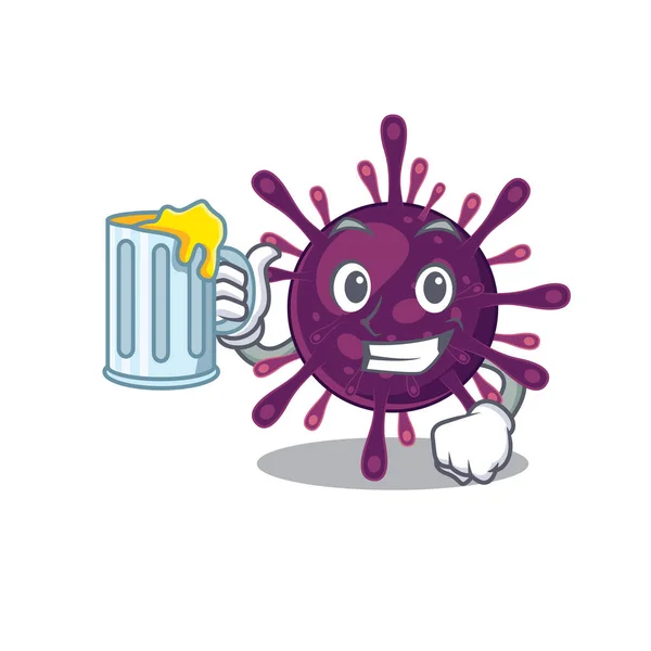 Веселый талисман коронавируса почечной недостаточности со стаканом пива — стоковый вектор