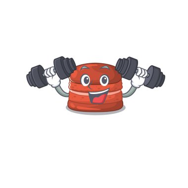 Smiley Fitness egzersizi kirazlı makarna çizgi film karakteri halter kaldırıyor.