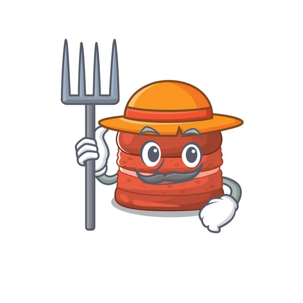 Macaron cereja em personagem de desenho animado Farmer com chapéu e forquilha — Vetor de Stock