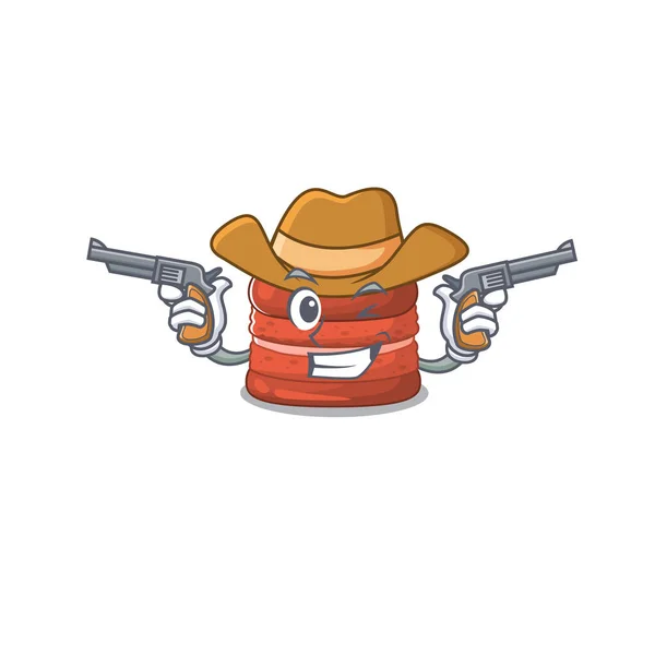 Macaron de cereja engraçado como um personagem de desenho animado cowboy segurando armas —  Vetores de Stock