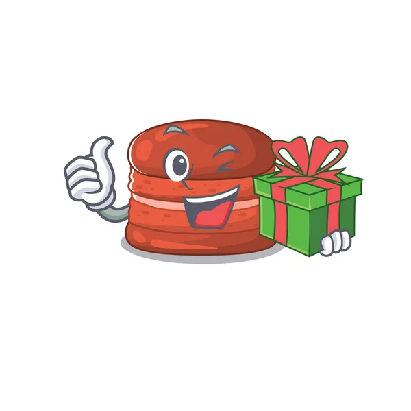 Smiley cherry macaron personaje de dibujos animados que tiene una caja de regalo — Vector de stock