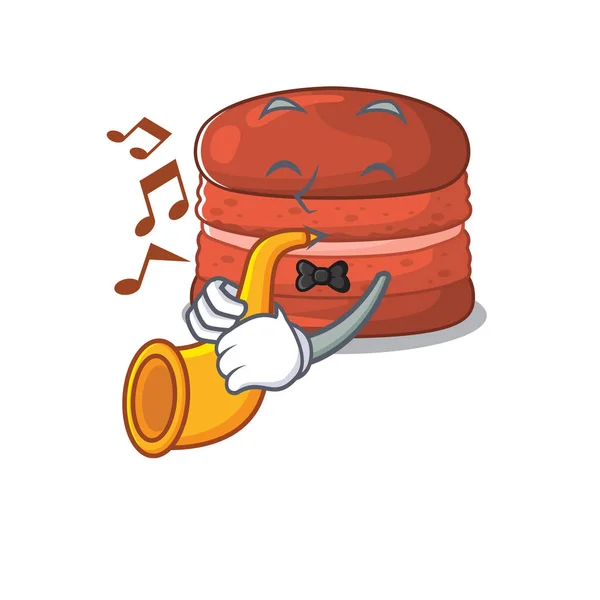 Cherry macaron cartoon character design playing a trumpet — Stock Vector