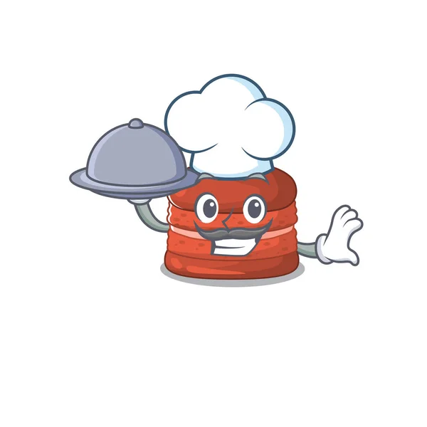 Macaron cereja como um personagem de desenho animado chef com comida na bandeja — Vetor de Stock