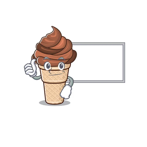 Leuke chocolade ijs cartoon karakter duimen omhoog brengen een wit bord — Stockvector