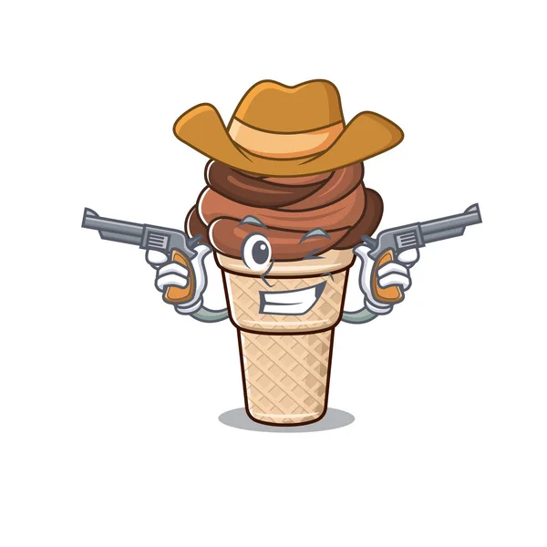 Funny chocolate ice cream as a cowboy cartoon character holding guns — Stock Vector