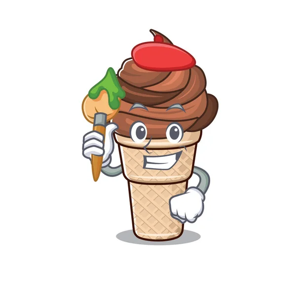 Ταλαντούχο παγωτό σοκολάτα Καλλιτέχνης χαρακτήρα κινουμένων σχεδίων με πινέλο — Διανυσματικό Αρχείο