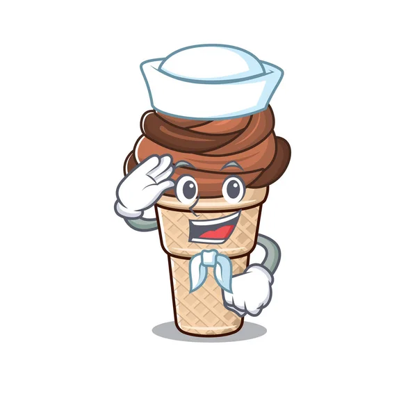 Tatlı çikolatalı dondurma Denizci çizgi film karakteri beyaz şapka takıyor. — Stok Vektör