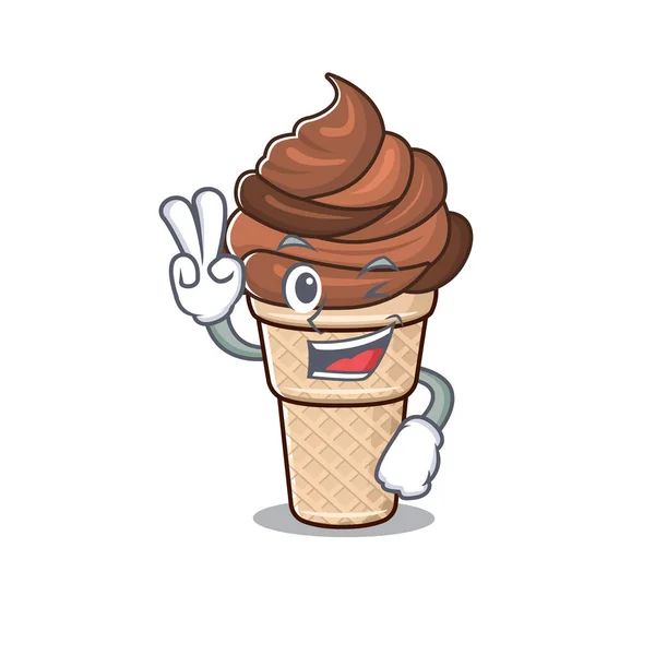 Design de mascote de sorvete de chocolate alegre com dois dedos — Vetor de Stock